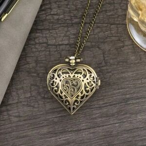 ANTIQUE BRONZE FILIGREE HEART LOCKET QUARTZ WATCH NECKLACE